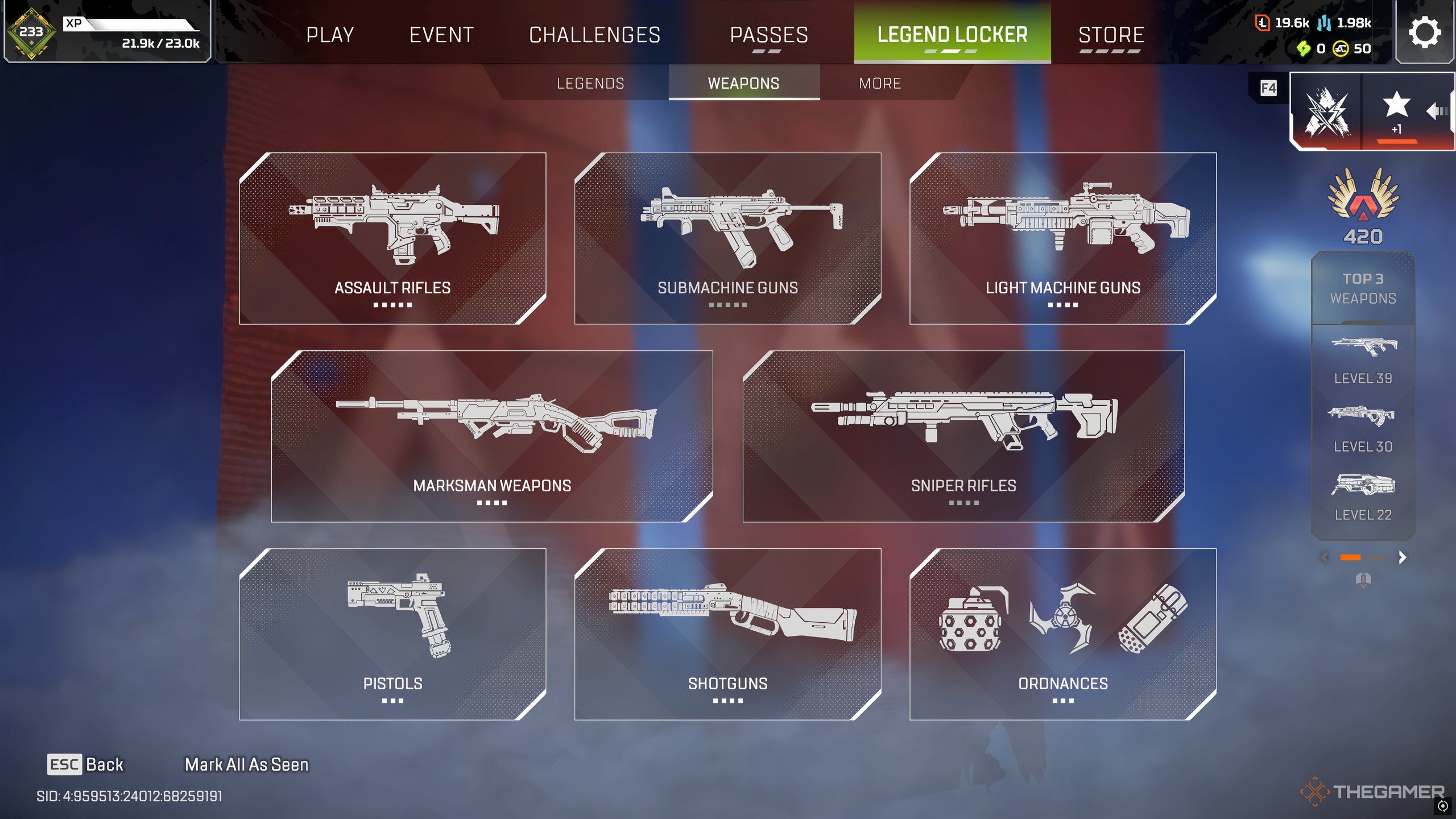 The Weapon categories in the Legend Locker of Apex Legends.