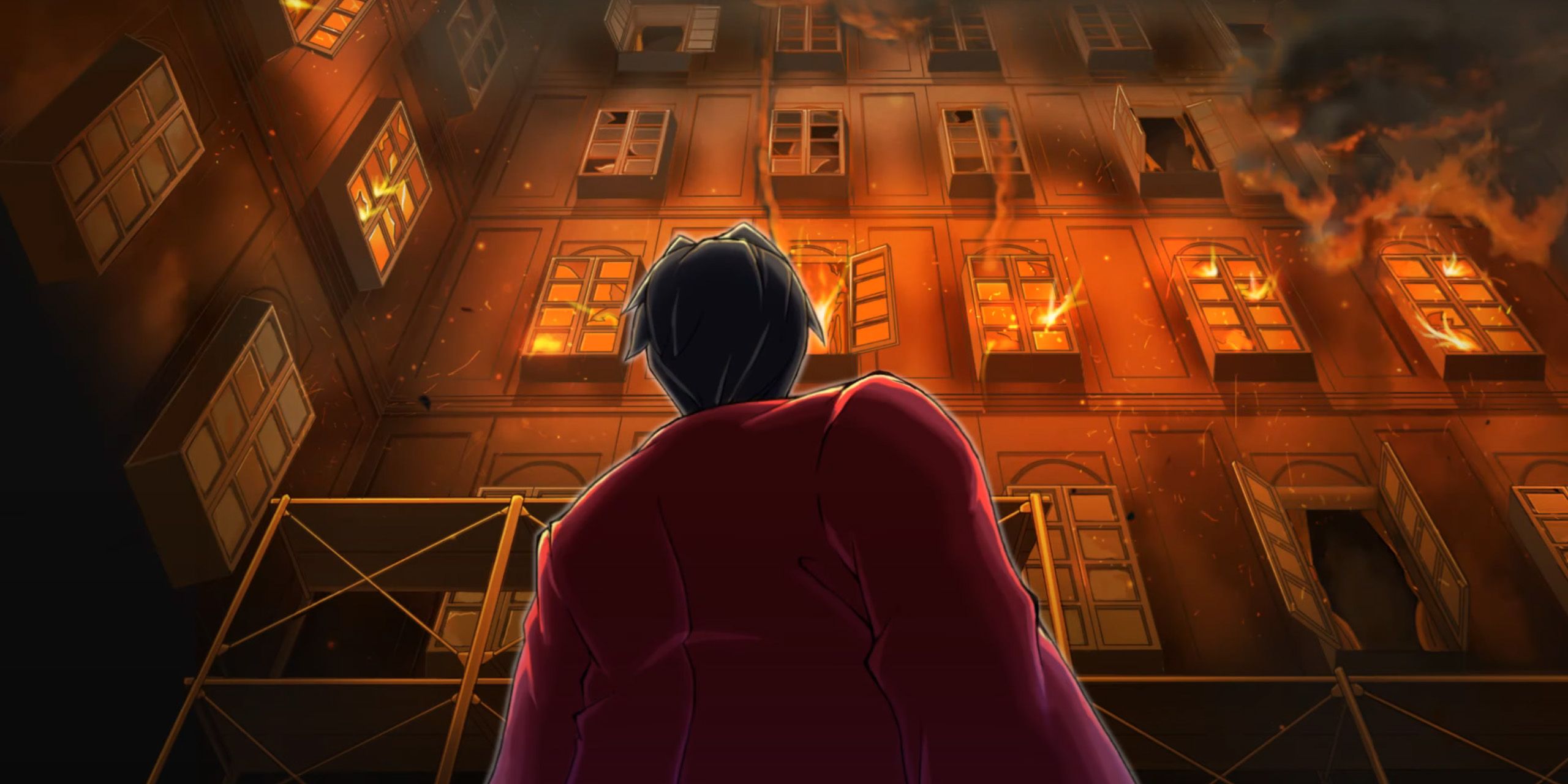 Miles Edgeworth staring up at a burning building from Ace Attorney Investigations 1.