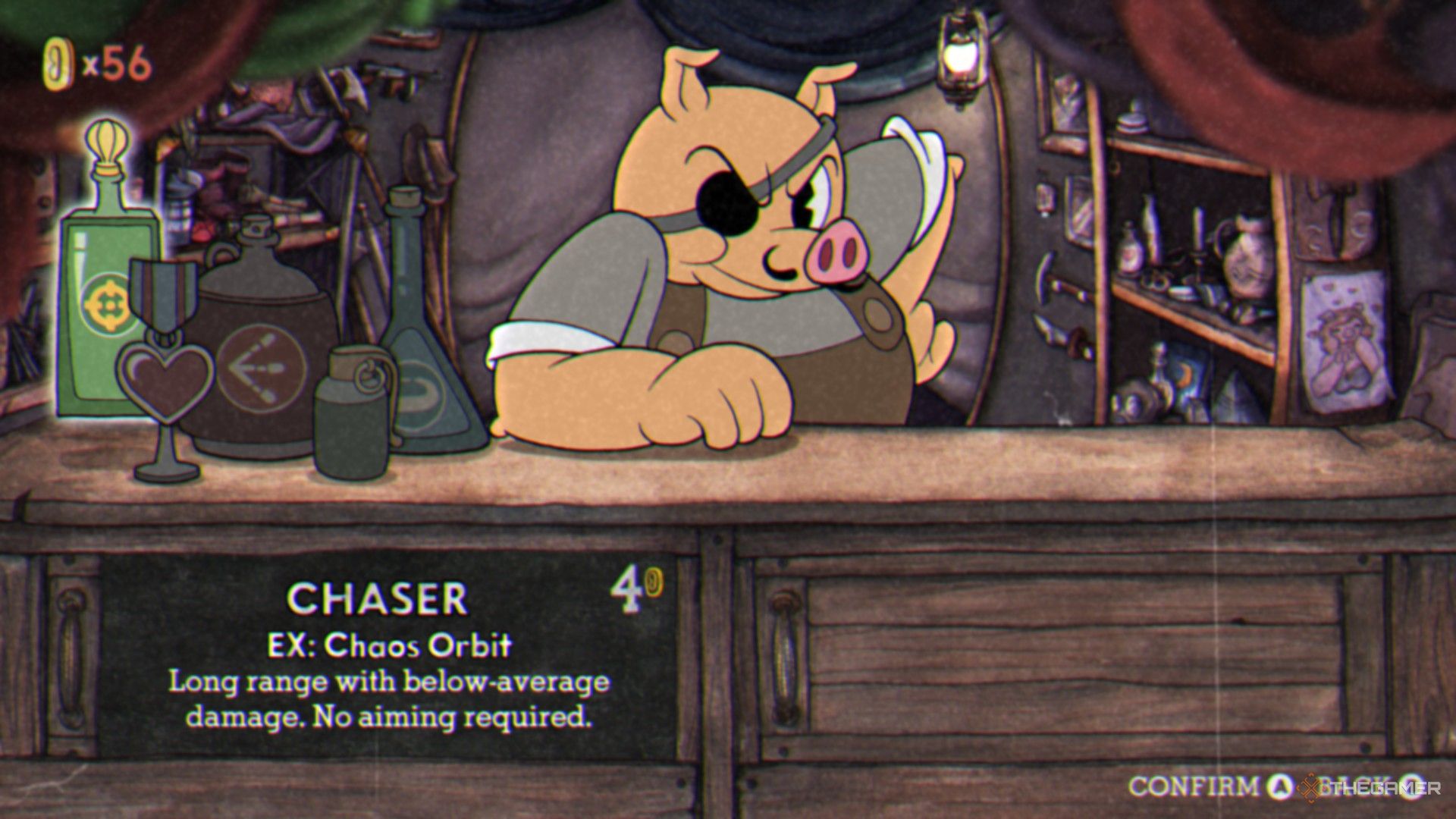 The player is planning to buy the Chaser from the Porkrind's Emporium in Cuphead.