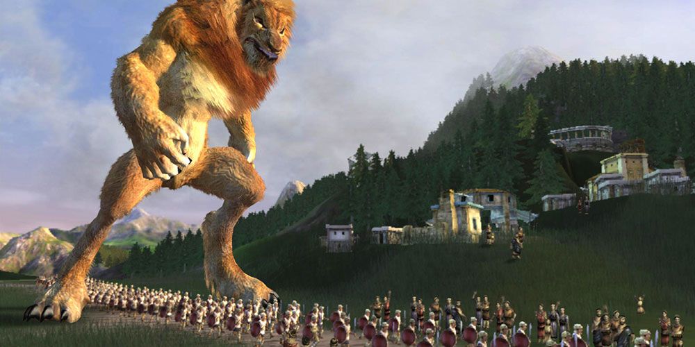 giant monster walking above small villagers