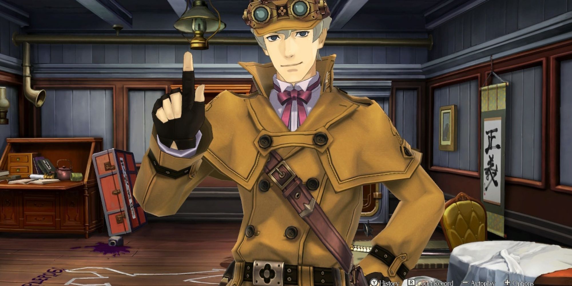 The Great Ace Attorney Chronicles: Herlock Sholmes holds a finger in the air in a boat cabin.