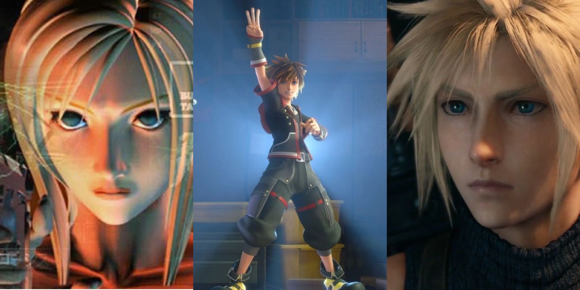 Split images of Aya Brea in Parasite Eve, Sora in Kingdom Hearts 3, and Cloud in Final Fantasy 7 Remake