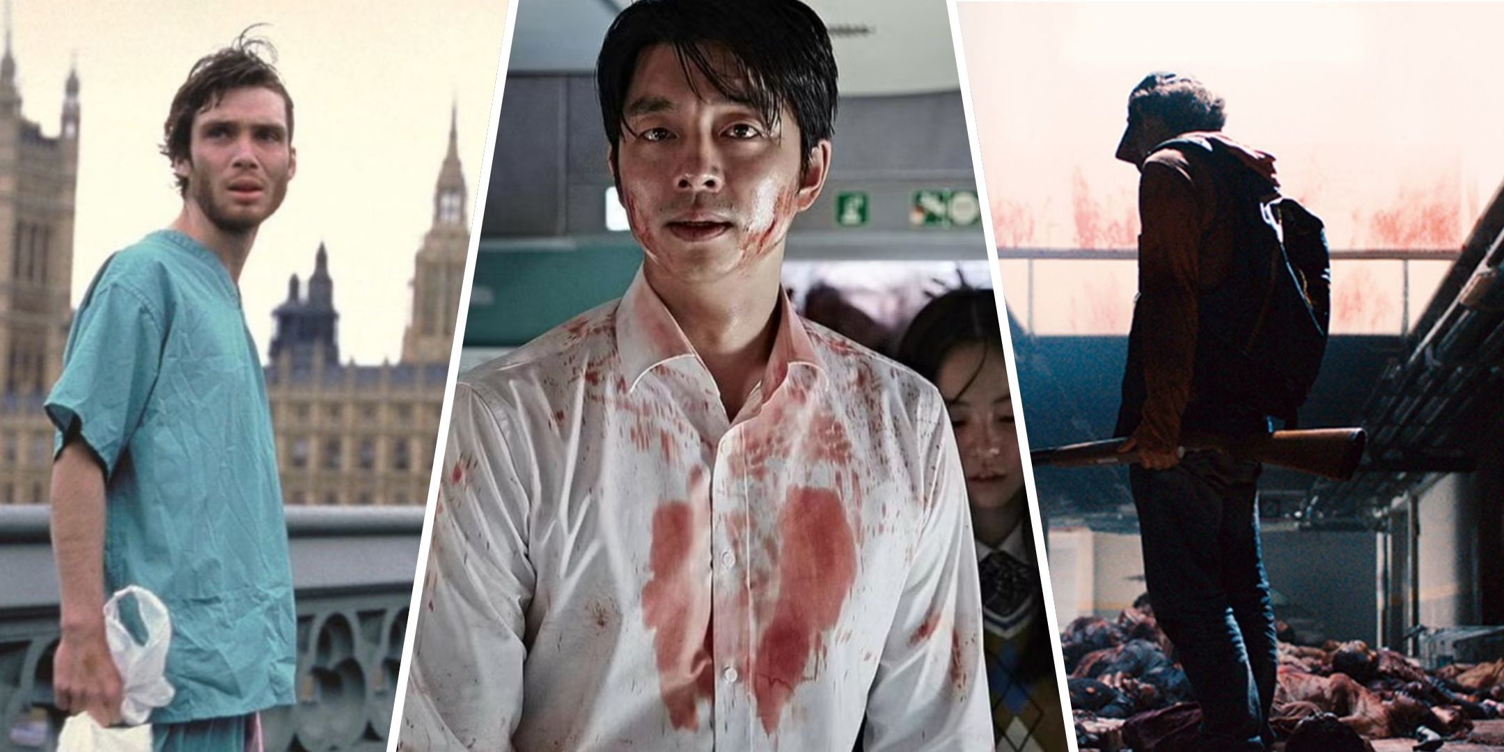 A collage of 28 Days Later, Train To Busan and I Am A Hero.