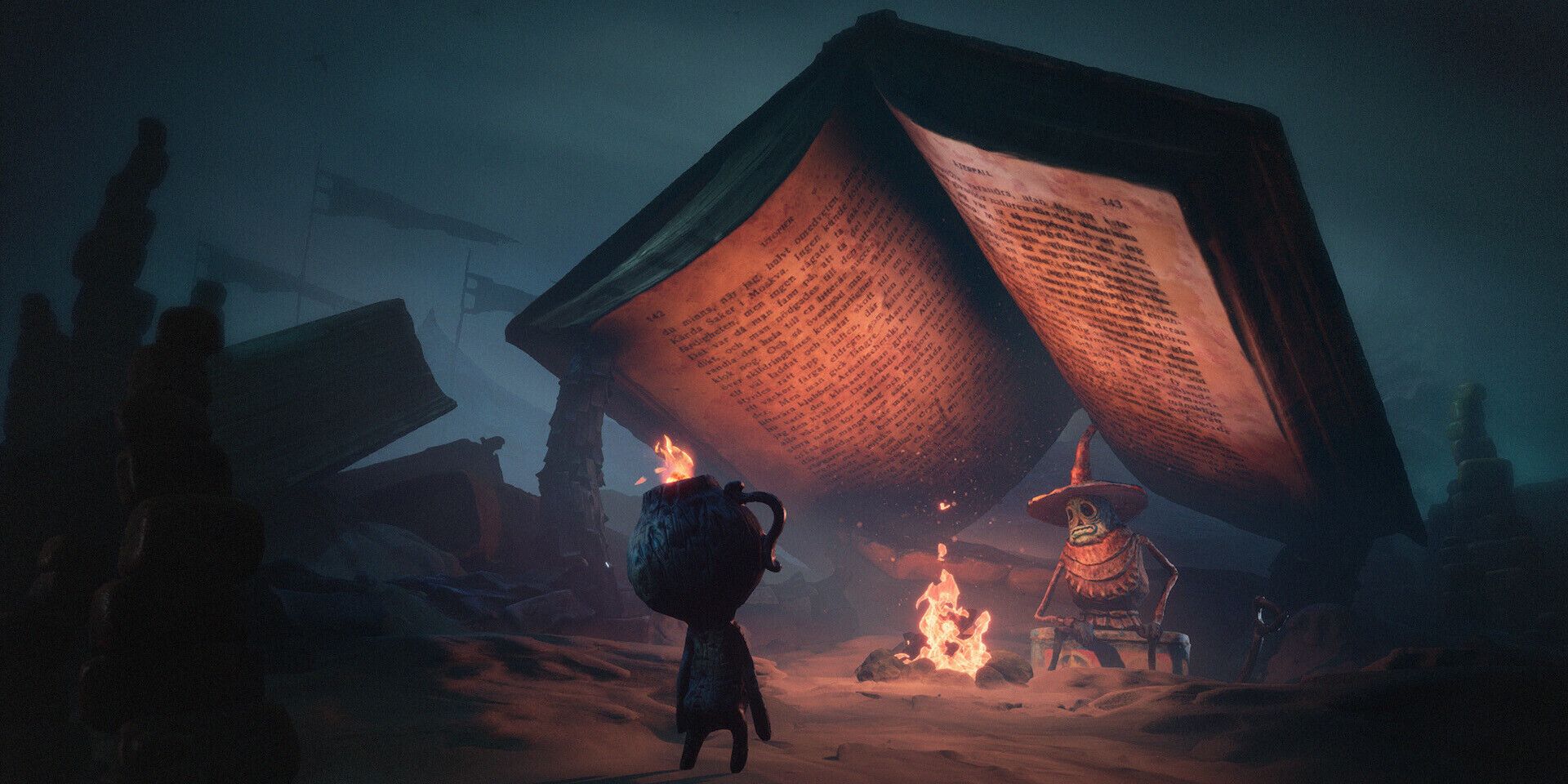 A pot with a flame in its head looks at a man in a pointed hat sitting under a giant book for shelter, by a fire.