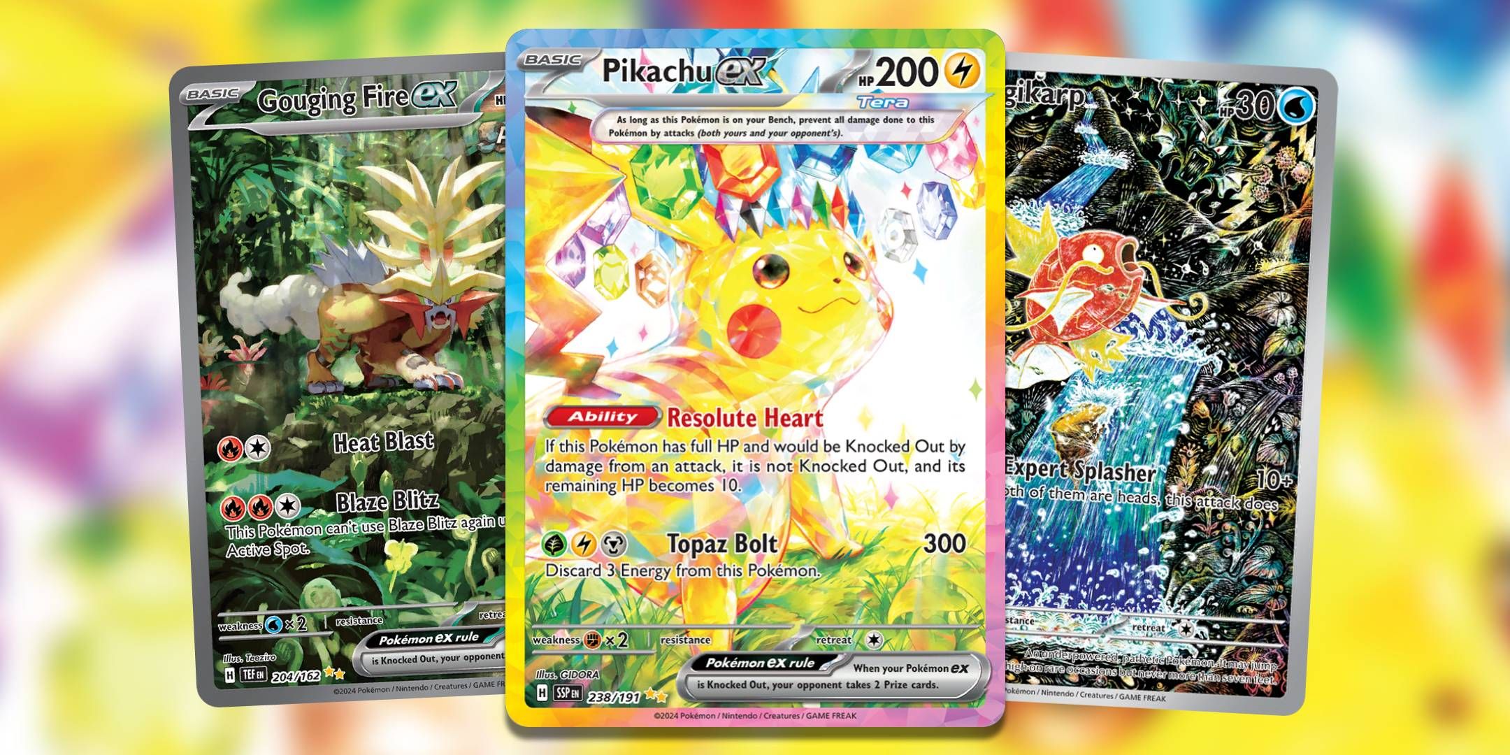 Artwork for Pikachu ex Gouging Fire ex and Magikarp Most Valuable Scarlet Violet era Booster Boxes Pokemon TCG. (1)