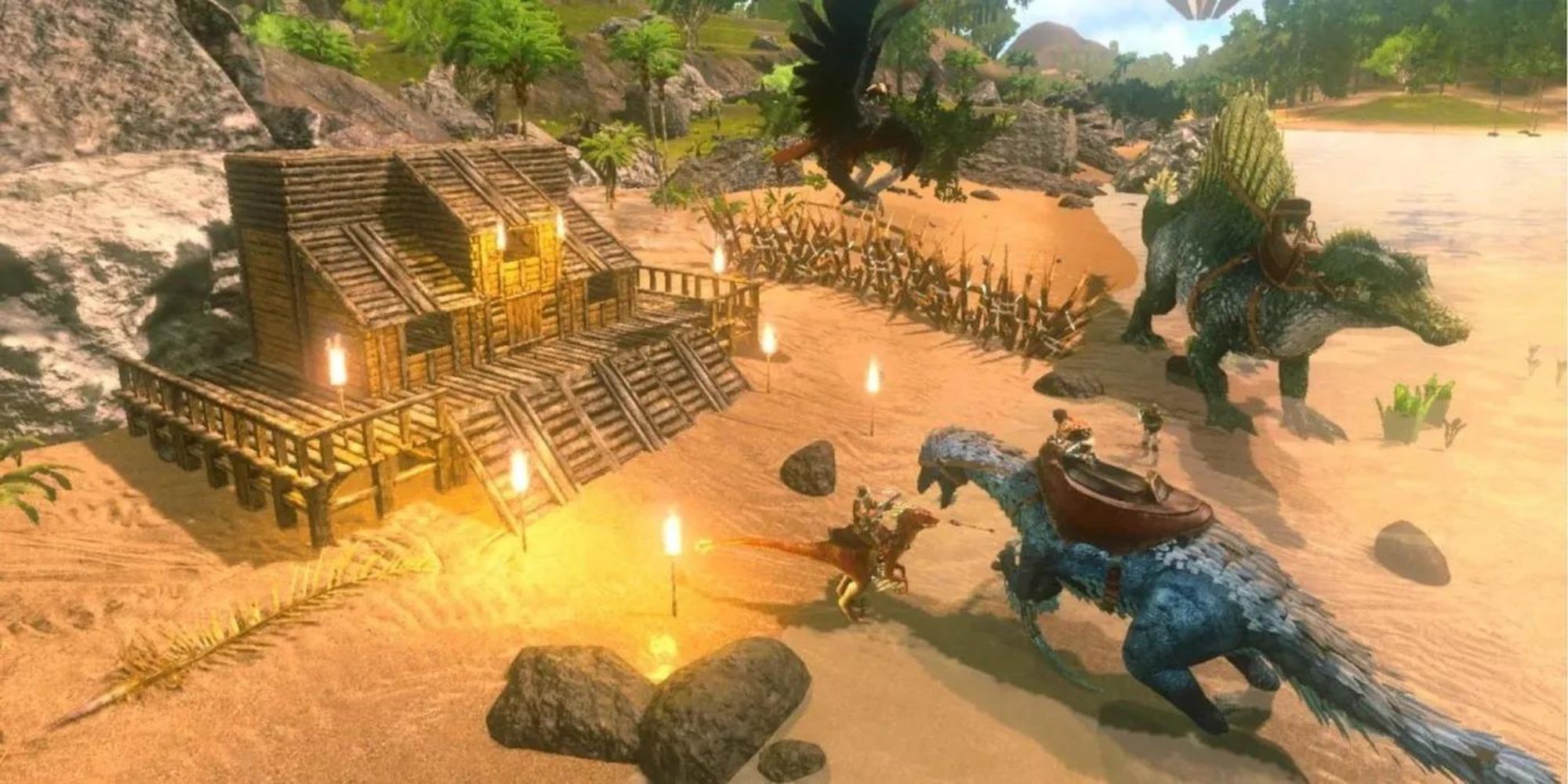 A Large House The Player Constructed With Dinosaur Mounts Waiting Outside In Ark Survival Evolved