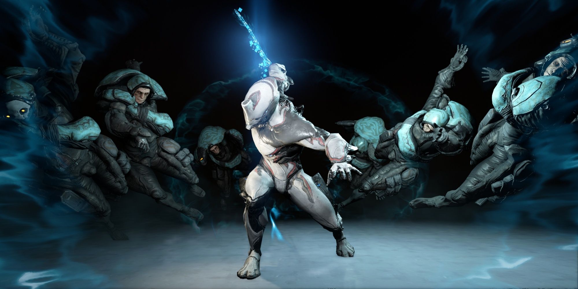 A Warframe wielding a glowing blue blade scatters a group of enemies in Warframe.