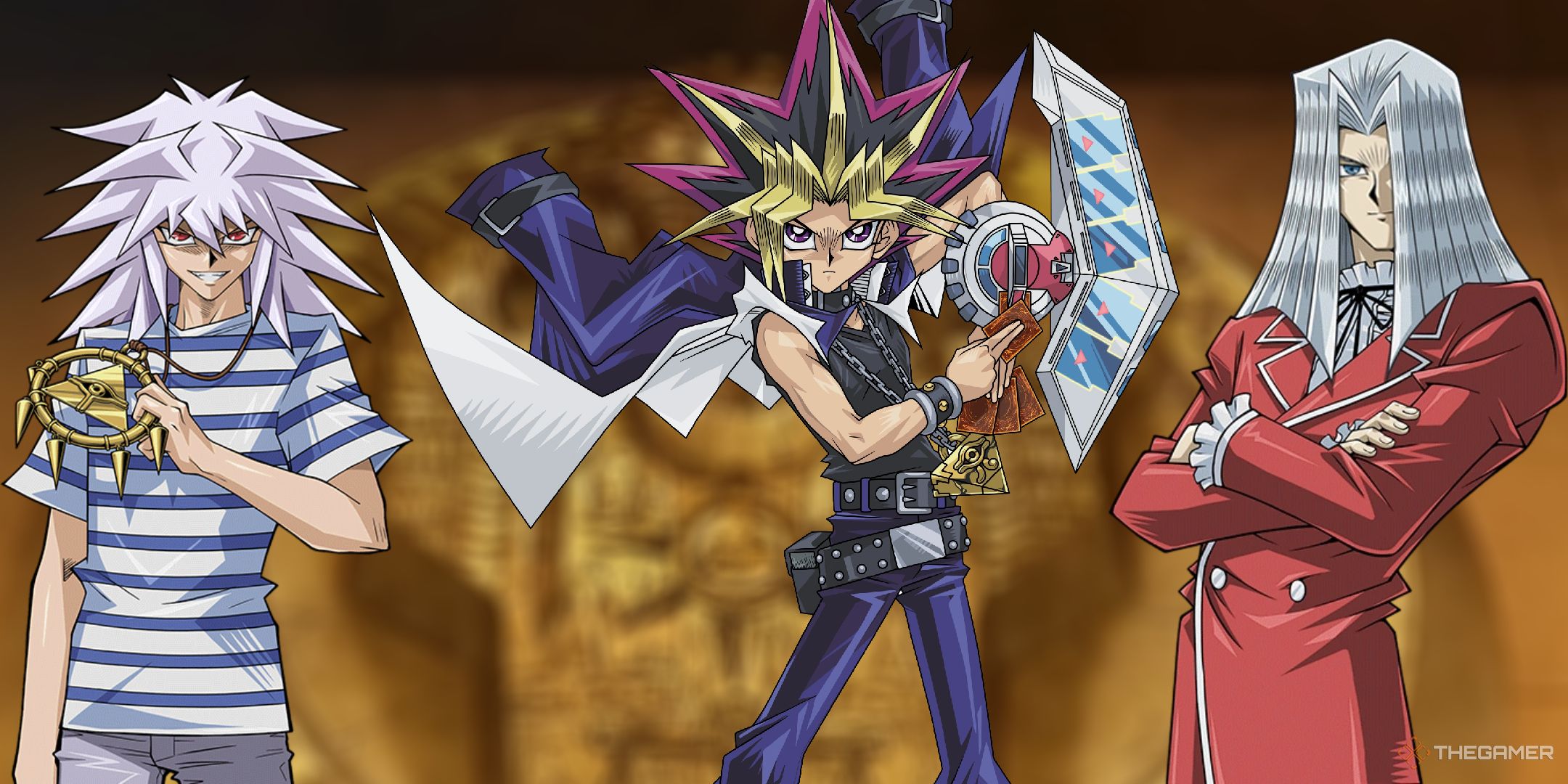 A collage of characters from the Yu-Gi-Oh! Anime who wield Millennium Items including Yugi, Bakura, and Pegasus.