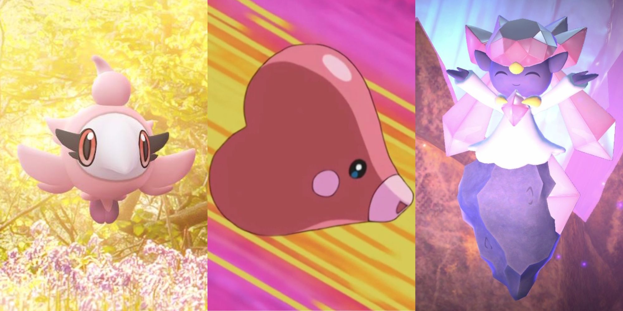 Spritzee in a forest, Luvdisc on a pink and yellow background, Diancie happy in a cavern