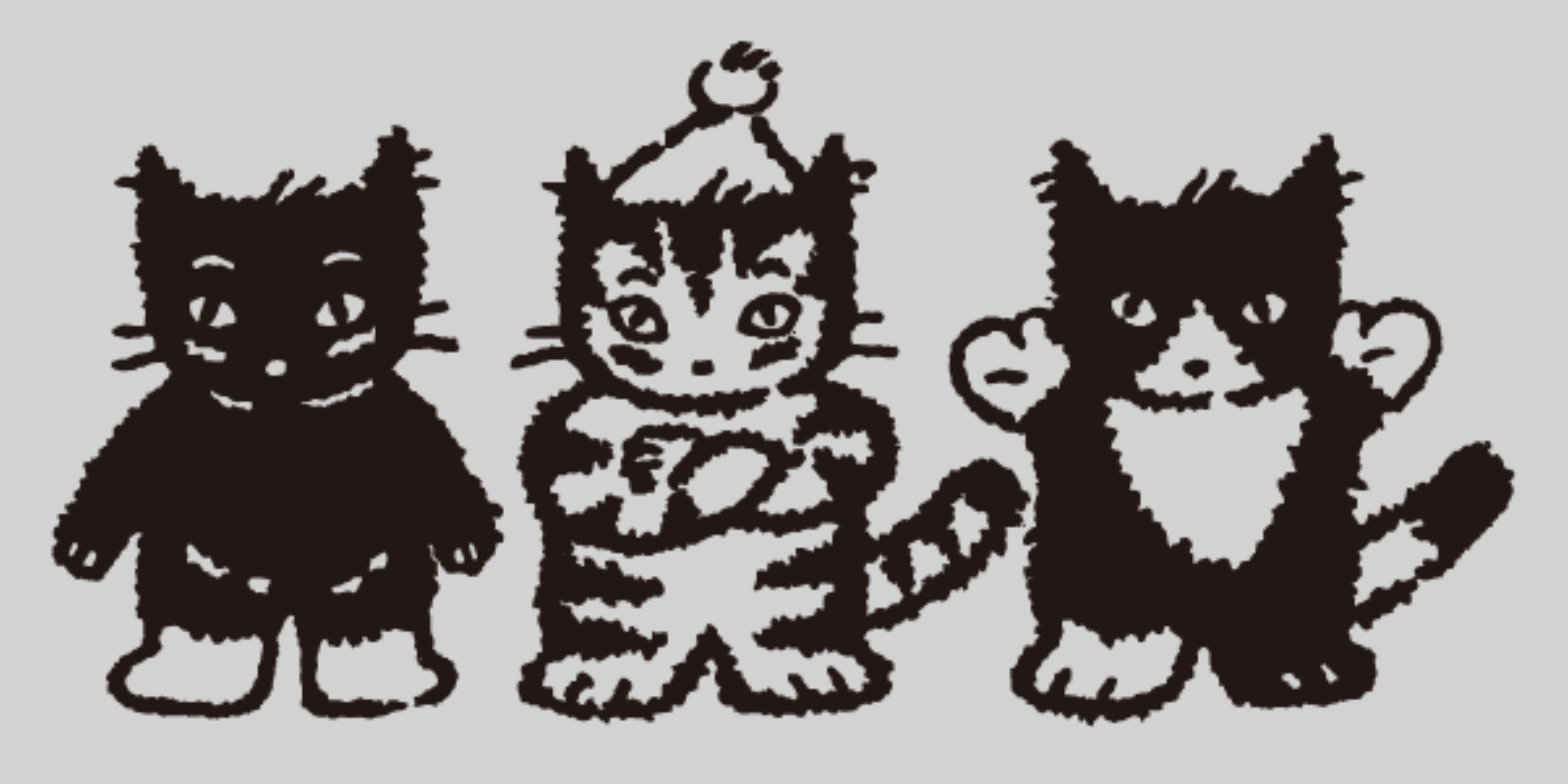 Official art of the three Catsbykids kittens in a row on a grey background.