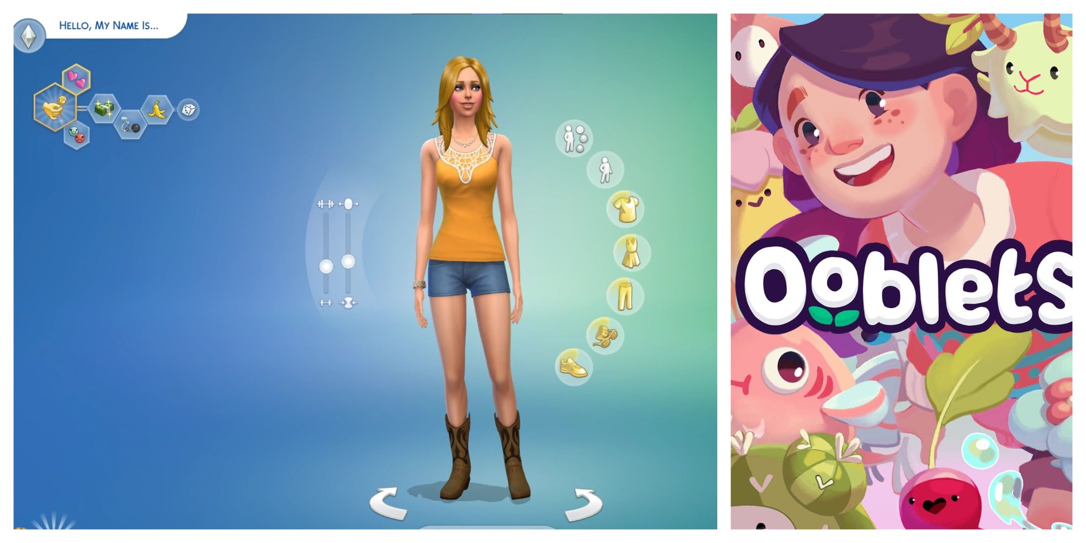 Sims 4 Character Creation (left) and Ooblets (right)