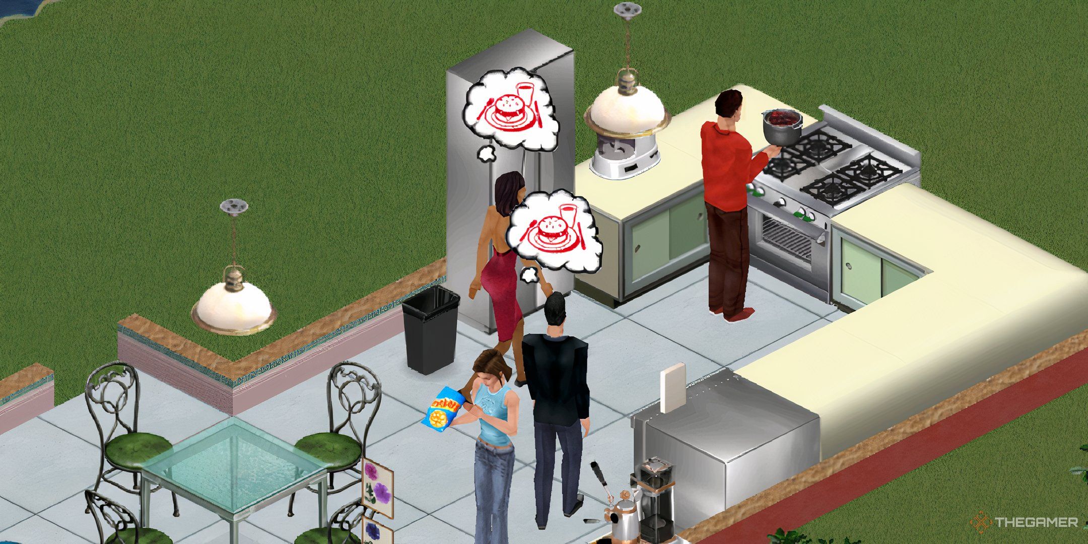 The Sims 1 goths cooking in another sims kitchen.