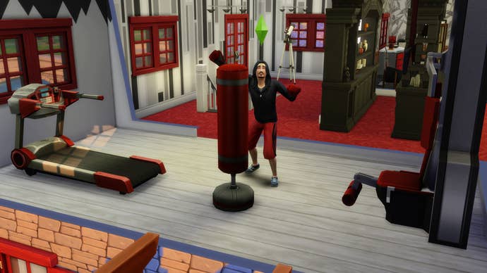 A sim swinging at a punching bag in The Sims 4.