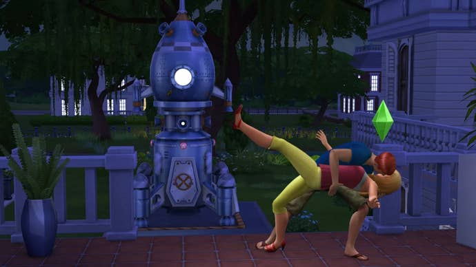 Two Sims can be seen kissing one another in The Sims 4