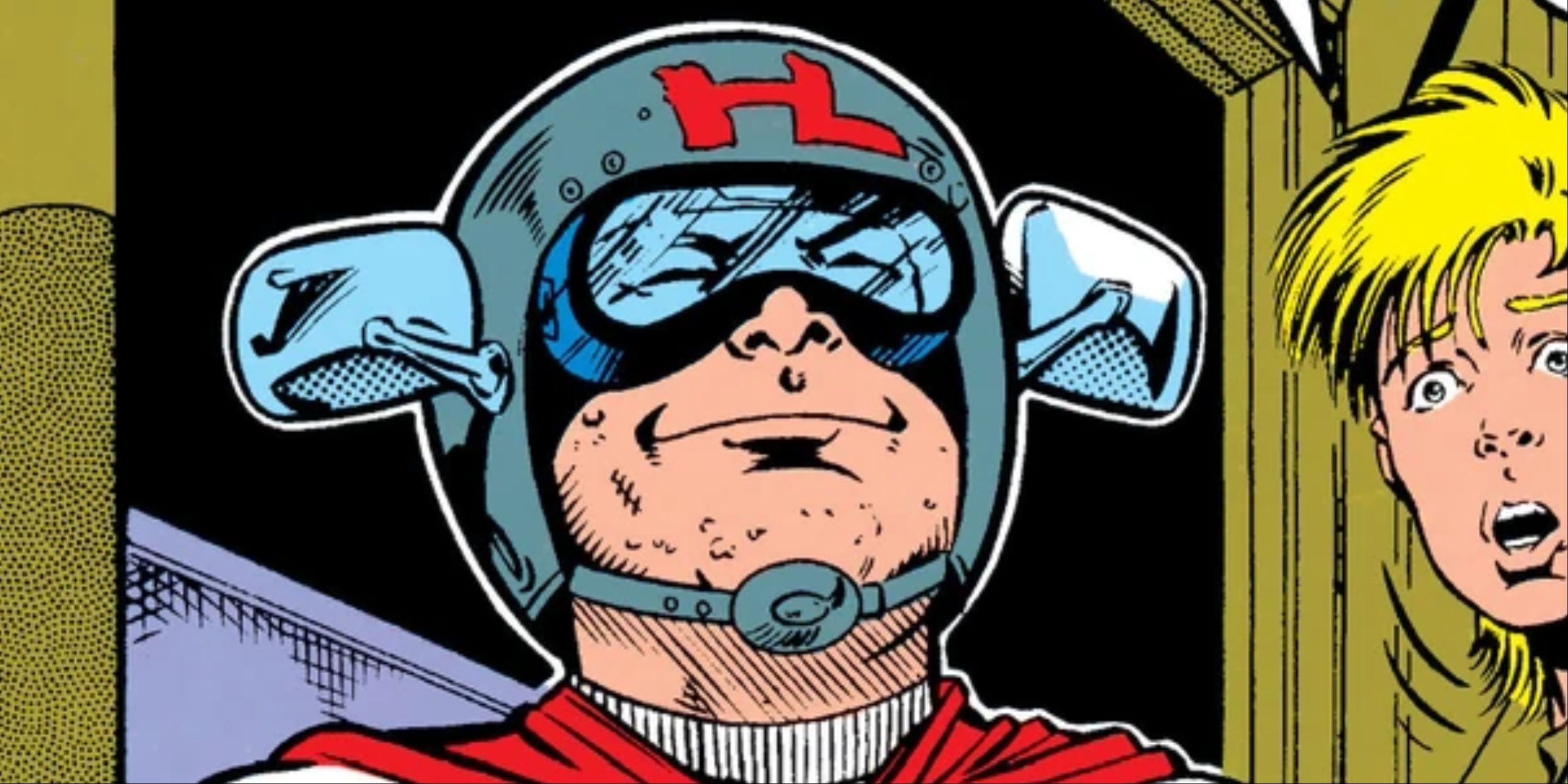 A comic panel of a man wearing a motorcycle helmet with wing mirrors bolted onto the side of it.