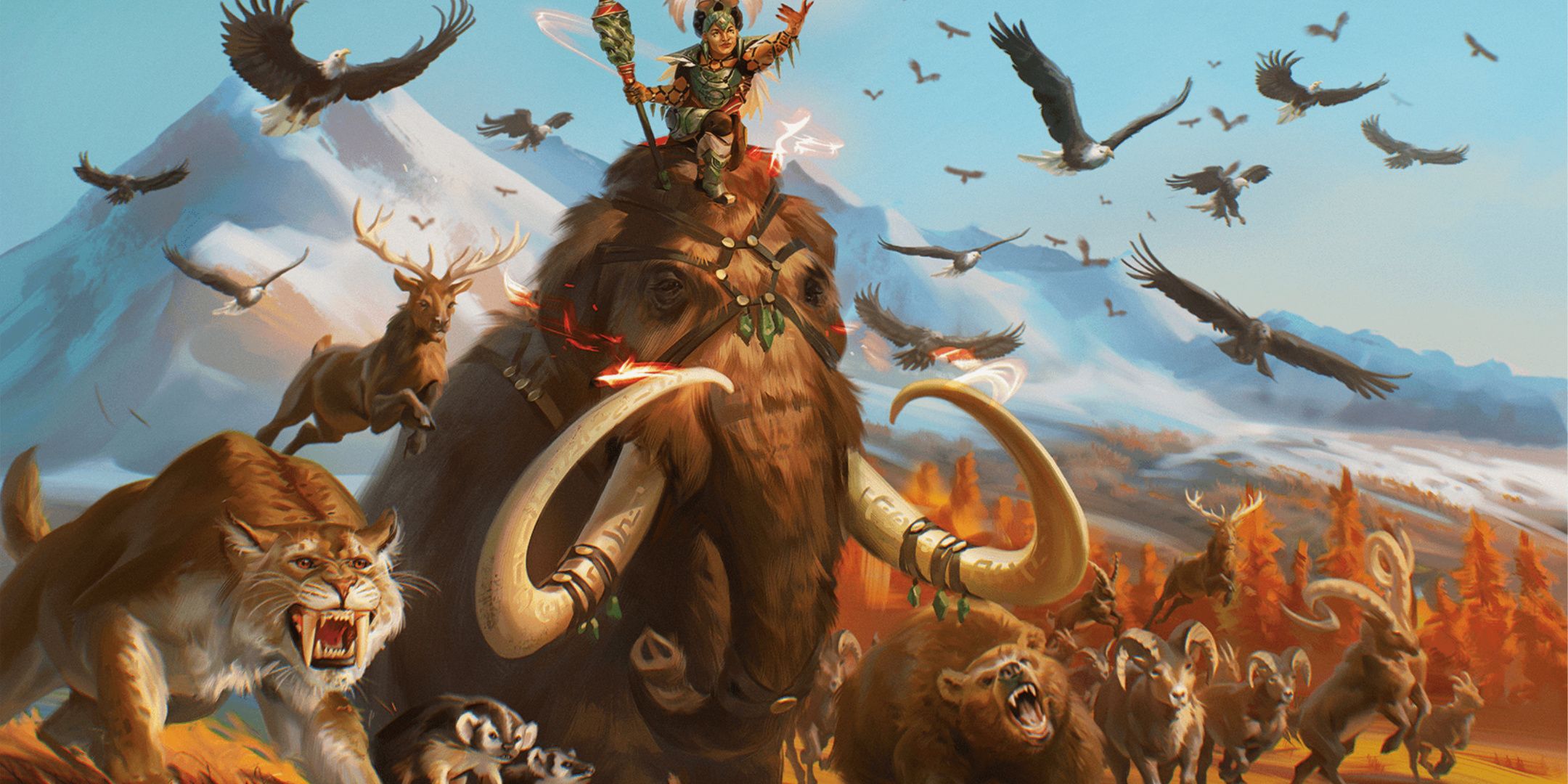 Dungeons & Dragons, a druid summoning a bunch of different animals and riding on top of a mammoth by Katerina Ladon.