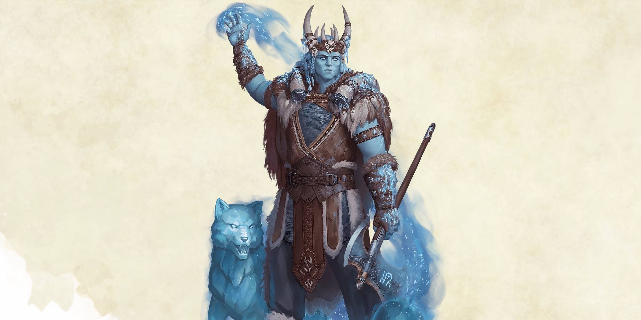 Dungeons & Dragons image showing a large blue humanoid with a spectral wolf.