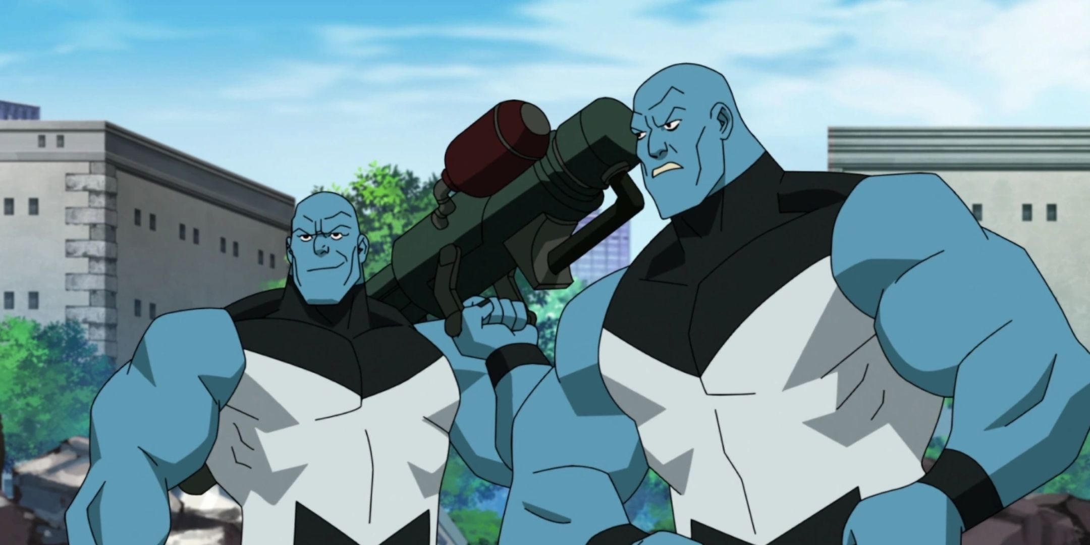 Shot of the Mauler Twins from Invincible stood next to each other with one holding a weapon.