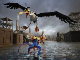 Darwin's Paradox screenshot showing a blue octopus called Darwin running away from a seagull flying above