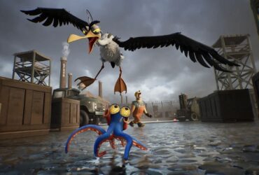 Darwin's Paradox screenshot showing a blue octopus called Darwin running away from a seagull flying above