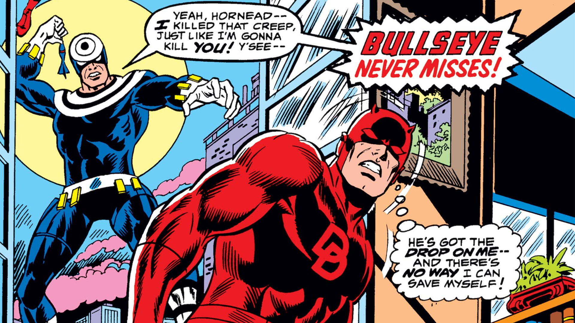 Bullseye taking aim at Daredevil with a throwing dart