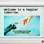 A screenshot of the game Qualia shows a robot hand and human hand touching pointer fingers.