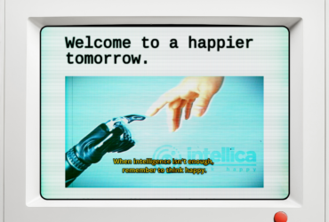 A screenshot of the game Qualia shows a robot hand and human hand touching pointer fingers.