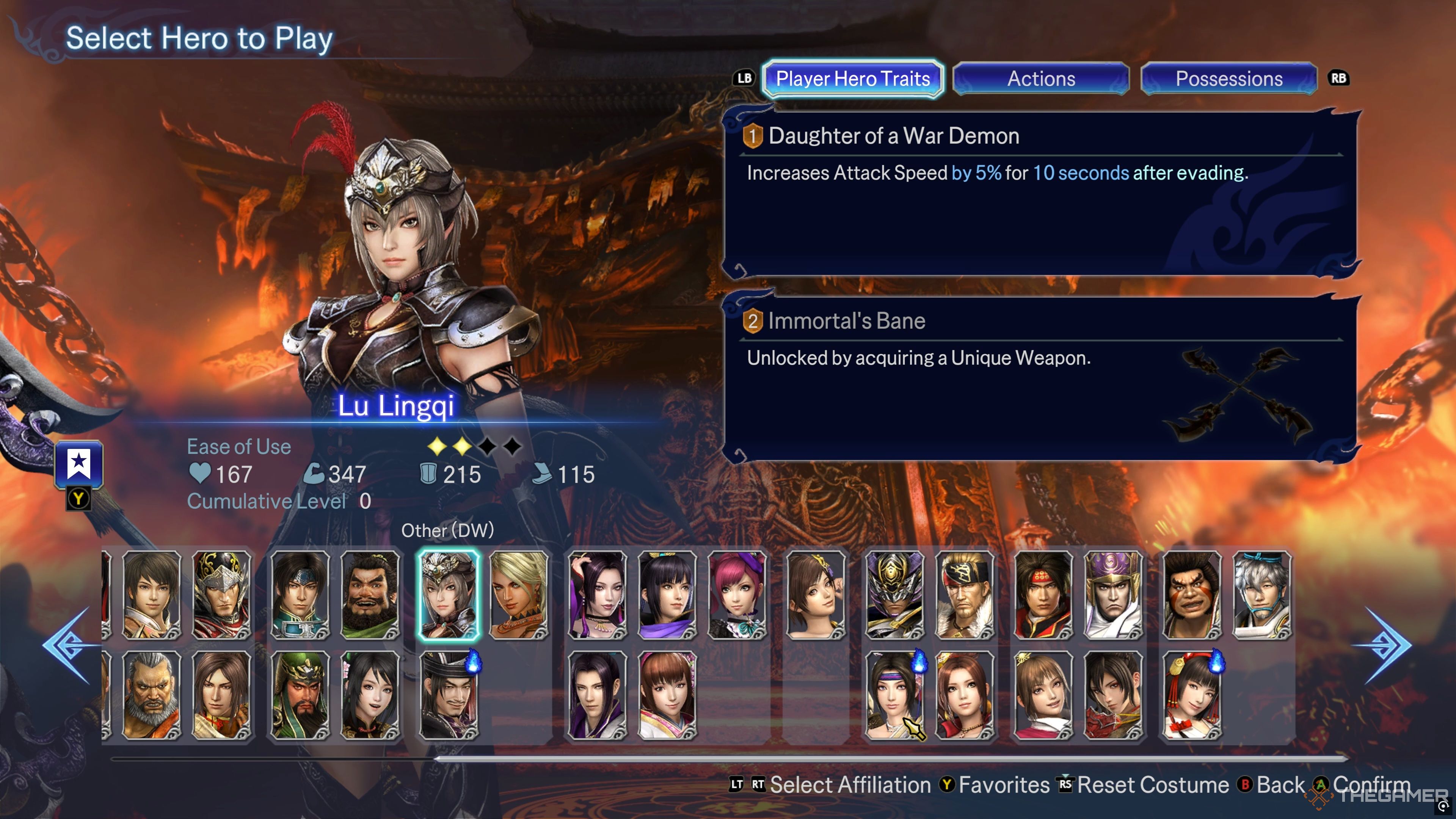 A look at the Hero Selection Screen in Warriors: Abyss, hovering over Lu Lingqui.