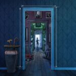 The key art for the Blue Prince showing a doorway on a blue wall, which is open to reveal several more rooms within its frame, a person deep within opening another door several layers deep to a bright white light