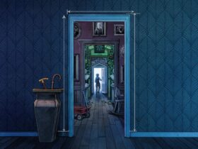 The key art for the Blue Prince showing a doorway on a blue wall, which is open to reveal several more rooms within its frame, a person deep within opening another door several layers deep to a bright white light