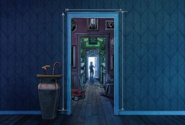 The key art for the Blue Prince showing a doorway on a blue wall, which is open to reveal several more rooms within its frame, a person deep within opening another door several layers deep to a bright white light