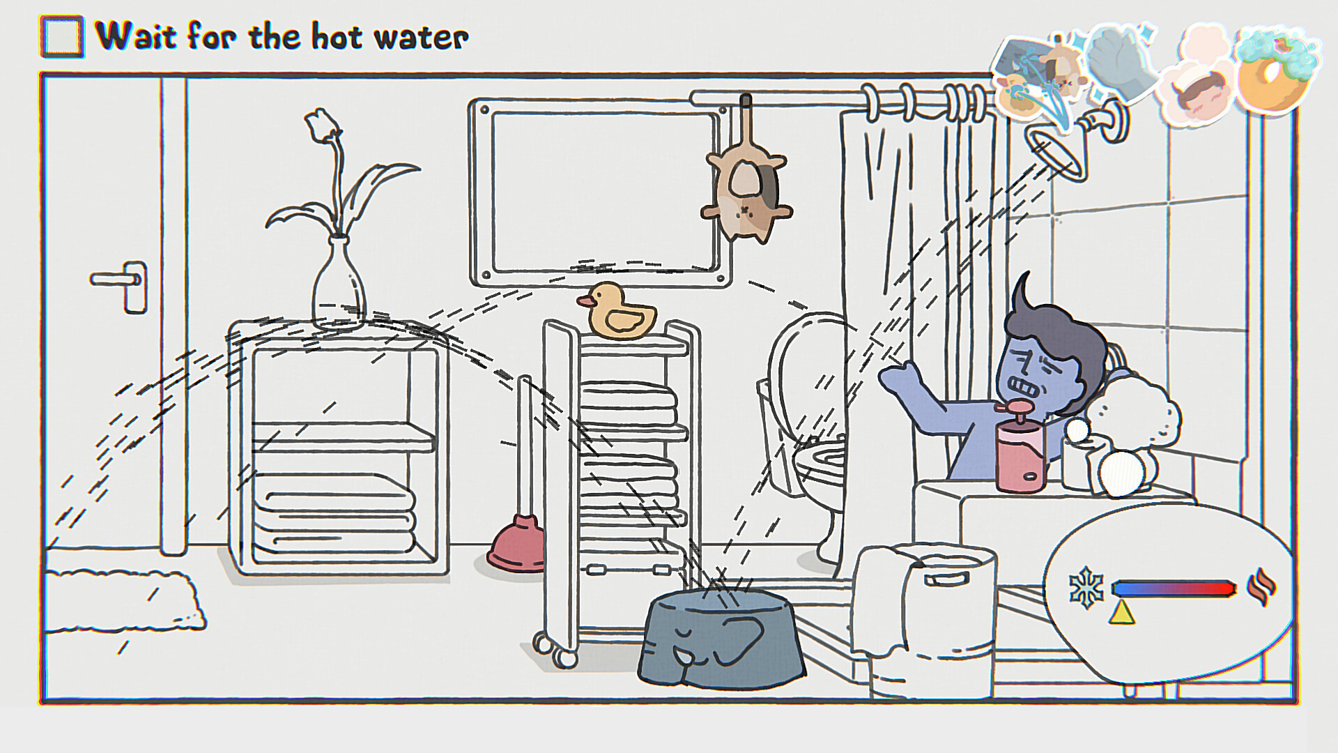 While Waiting screenshot featuring the protagonist waiting for the hot water