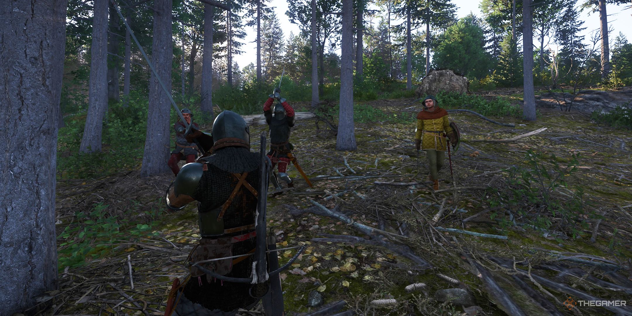 KCD2 Henry standing off against multiple foes in the woods