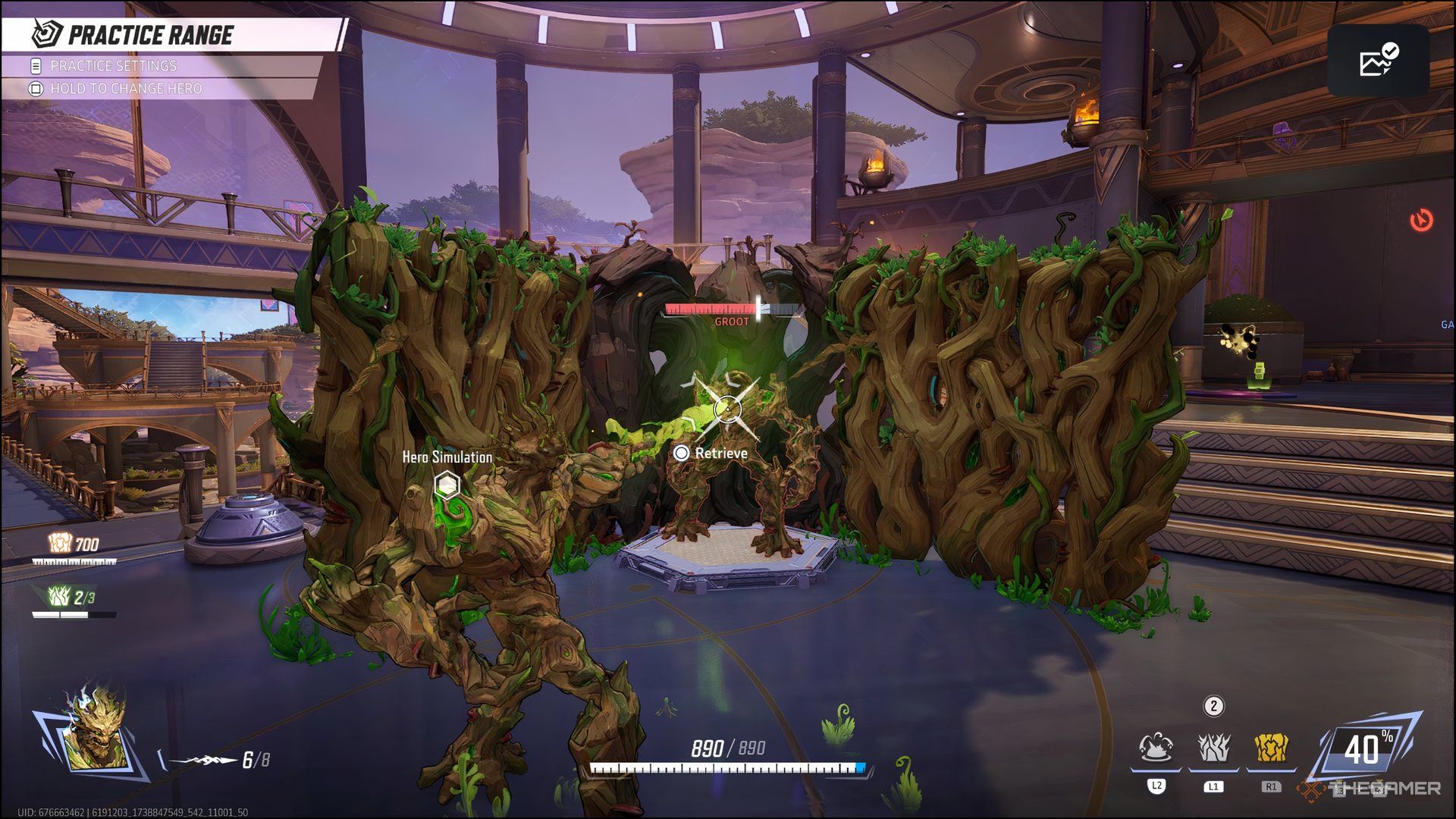 Groot placing his walls and attacking another Groot in the Practice Range in Marvel Rivals.