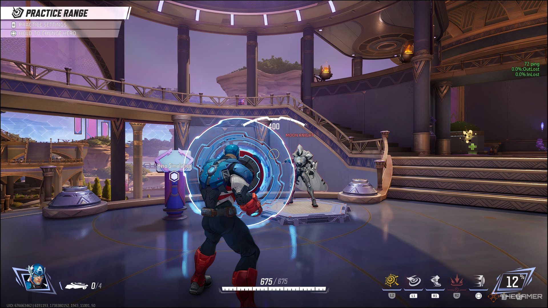 Captain America standing in front of Moon Knight in Marvel Rivals' Practice Range.