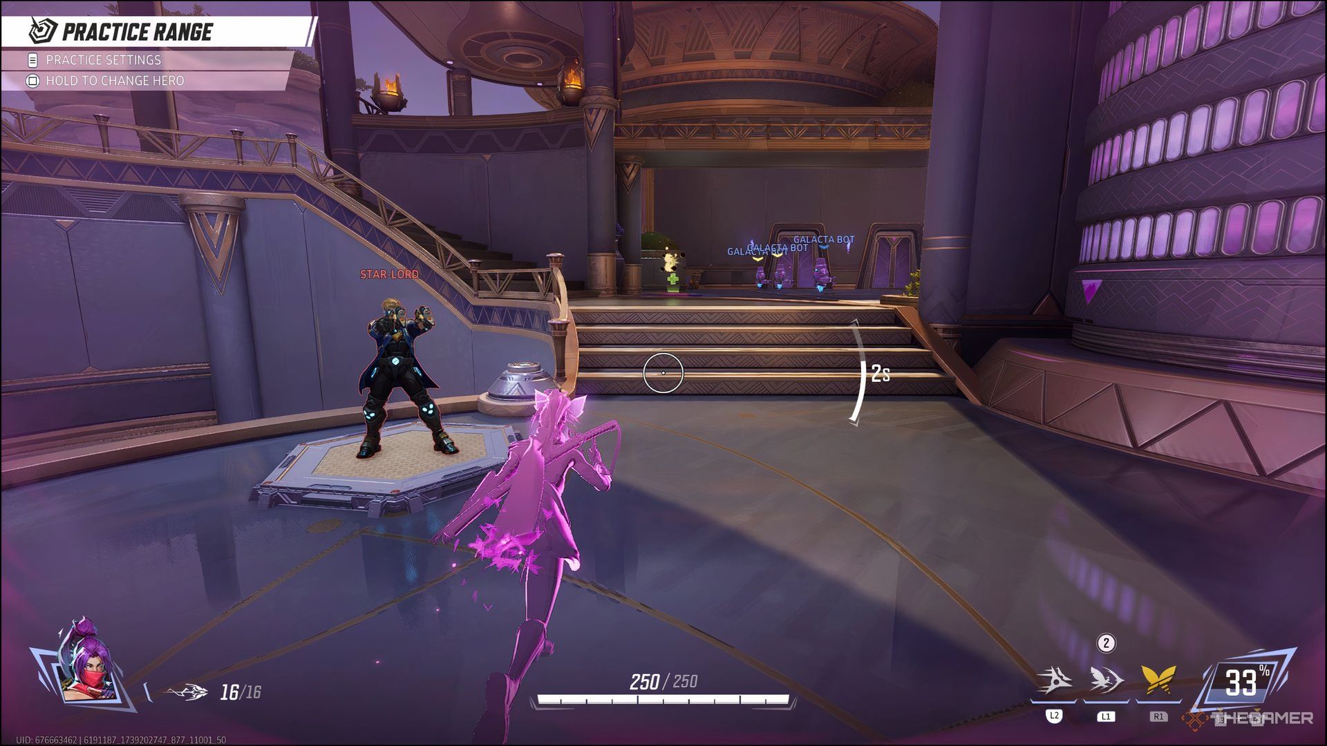 Psylocke's intangible purple figure sprinting across Star-Lord in Marvel Rivals' Practice Range.