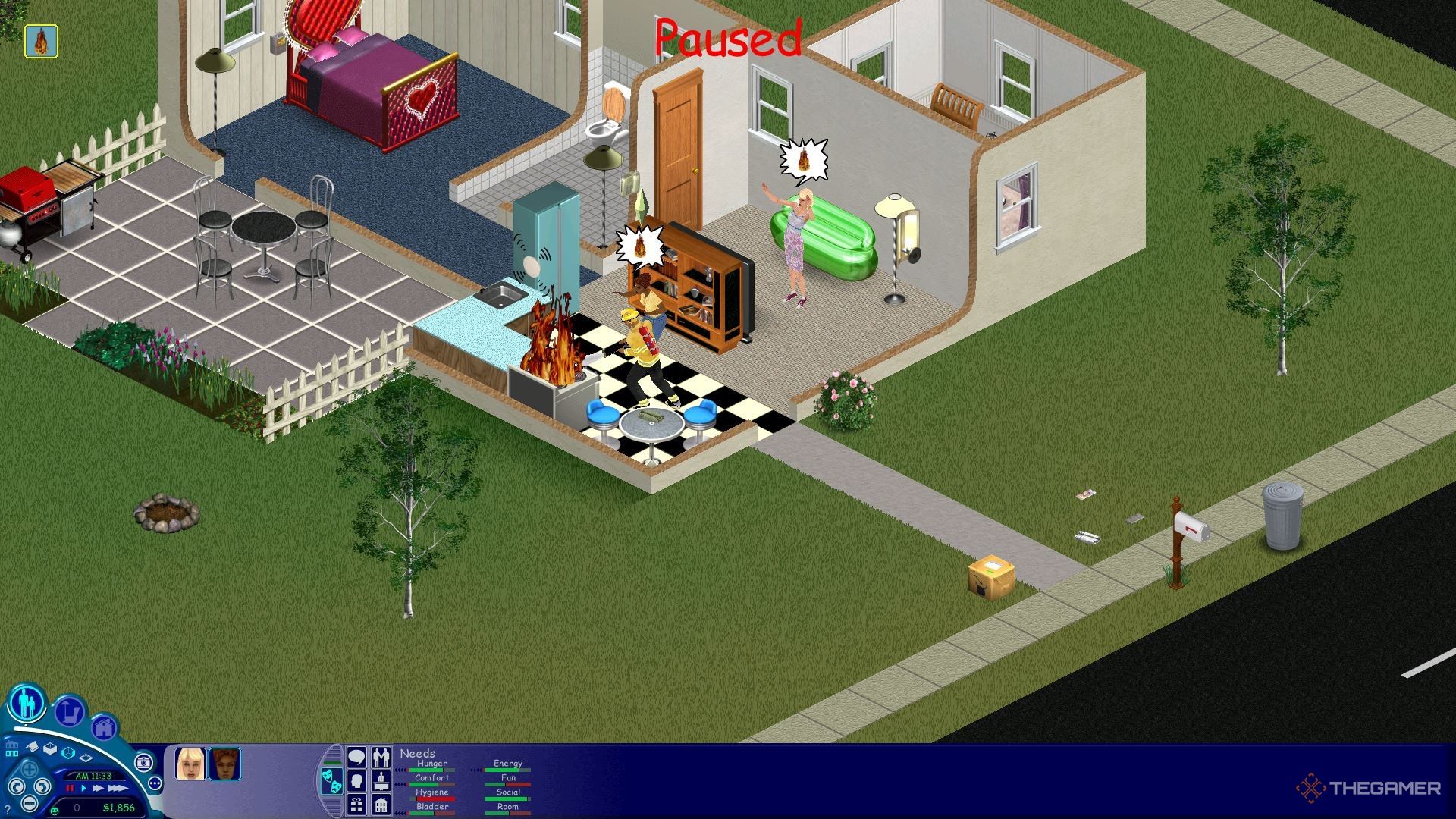 A fireman extinguishing a fire with a fire alarm going off in The Sims.