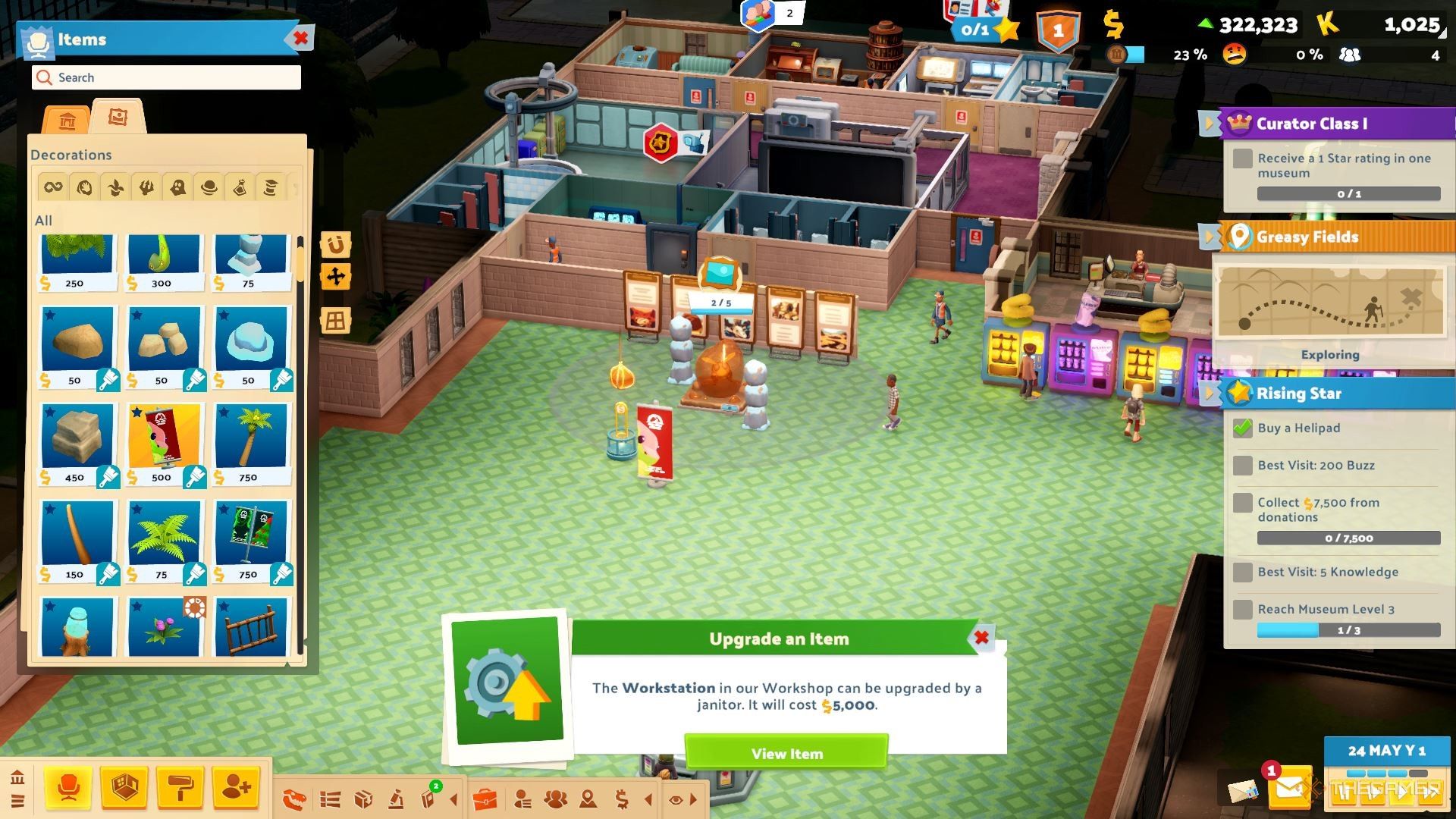 Increasing the buzz around a display by placing decorations in Two Point Museum.
