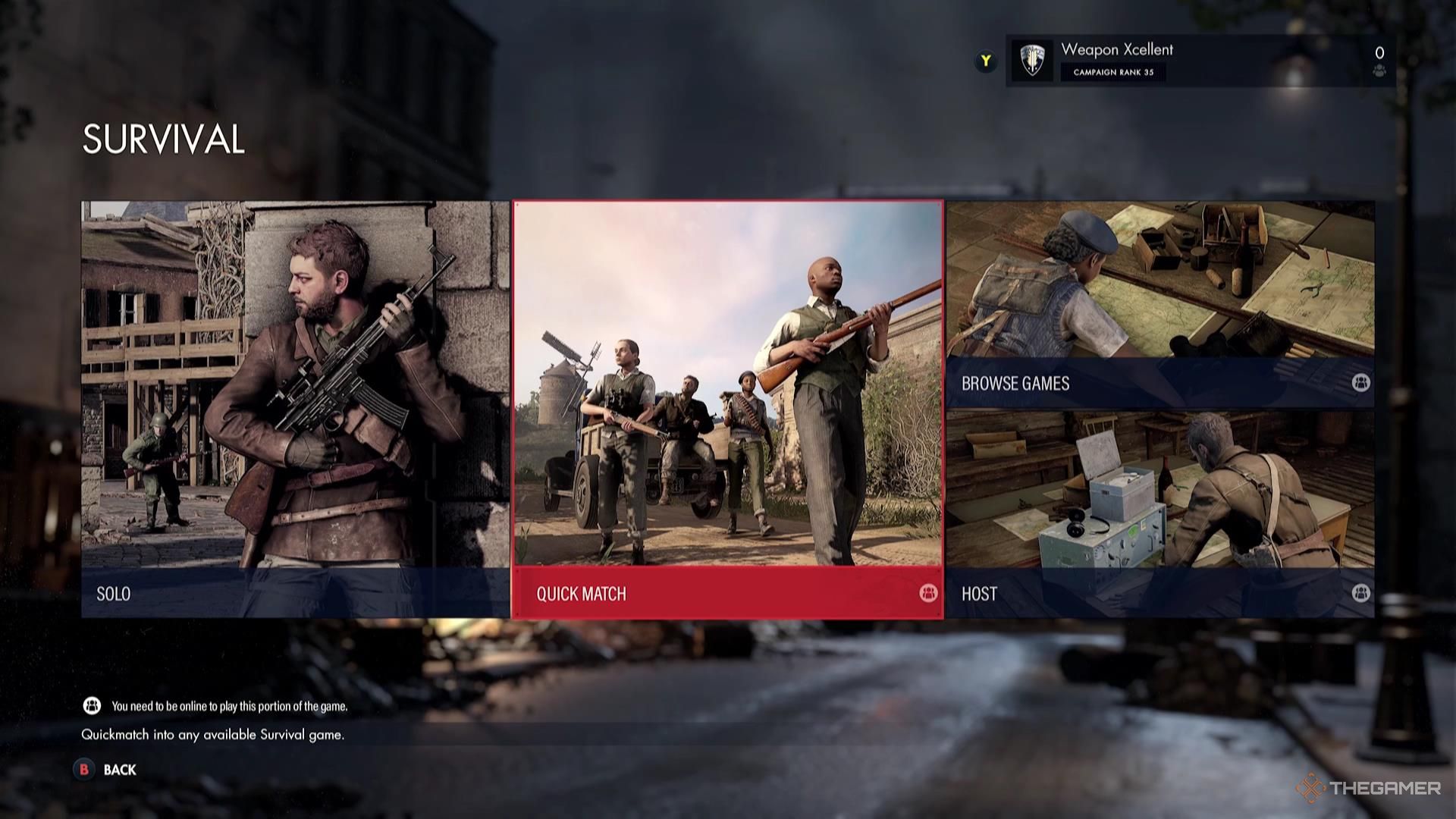 The Survival Mode screen in Sniper Elite Resistance.