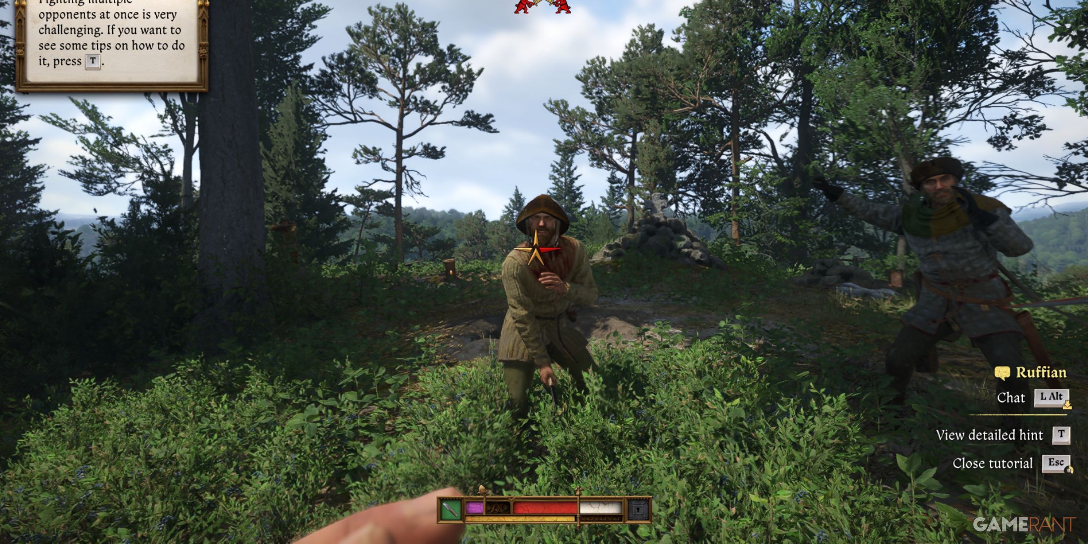 Facing multiple opponents in a forest setting, learning combat mechanics in Kingdom Come Deliverance 2