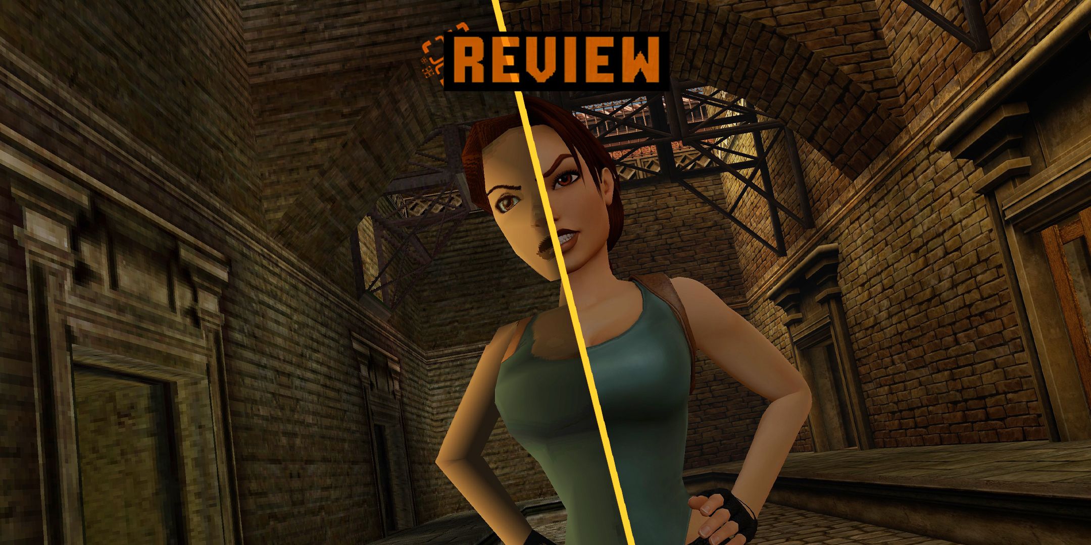 Tomb Raider 4-6 Remastered side-by-side of Lara Croft smiling with her arms on her hips, word 'Review' is overlayed on top.