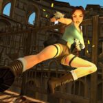 A screenshot shows Lara Croft jumping in the air while shooting duel hand guns.