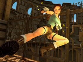 A screenshot shows Lara Croft jumping in the air while shooting duel hand guns.