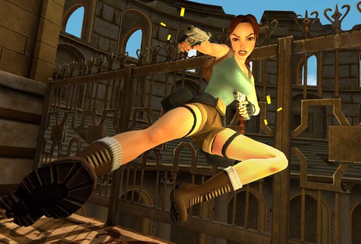 A screenshot shows Lara Croft jumping in the air while shooting duel hand guns.