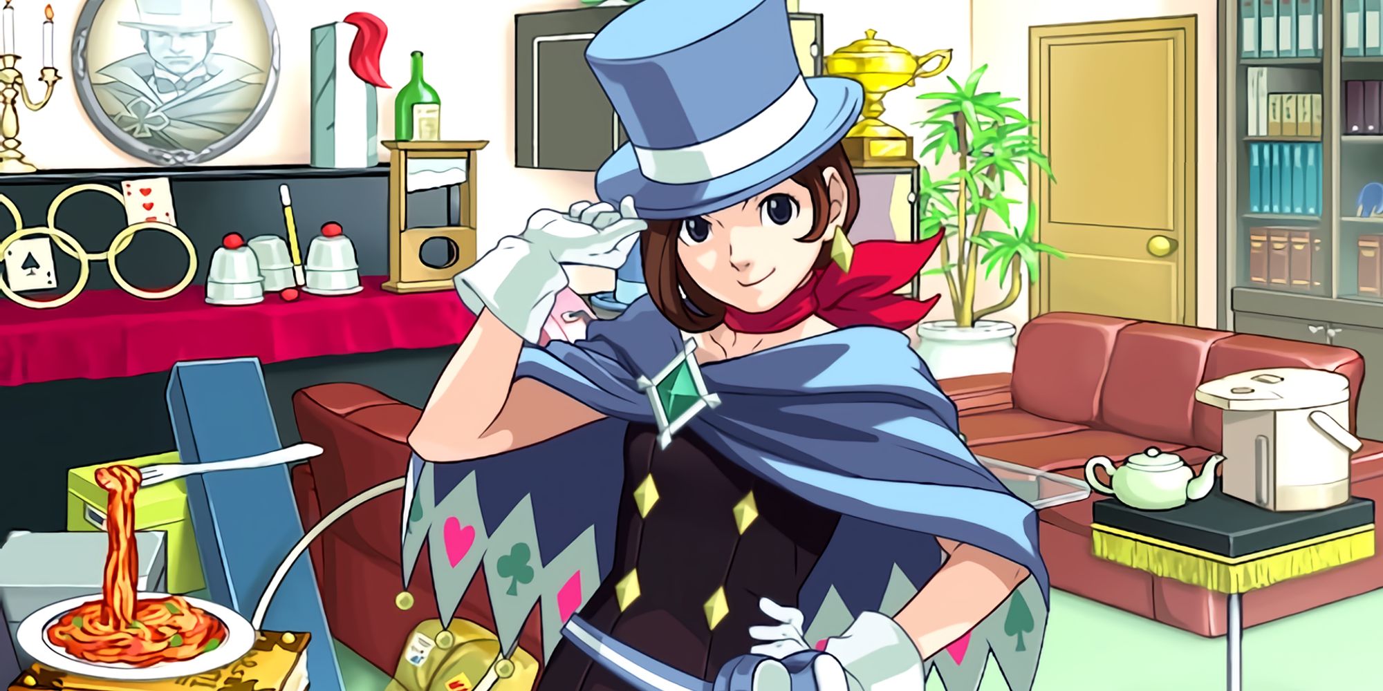 Trucy Wright from Apollo Justice: Ace Attorney striking a pose in her brightly-colored living room.