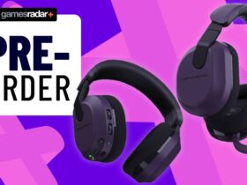 Two official images of the purple Turtle Beach Stealth 600 Gen 3 gaming headset with a purple GamesRadar background.