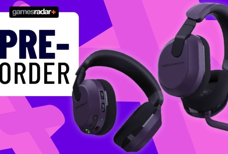 Two official images of the purple Turtle Beach Stealth 600 Gen 3 gaming headset with a purple GamesRadar background.