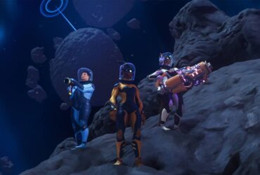 Three players stood on an asteroid in Stars Reach.