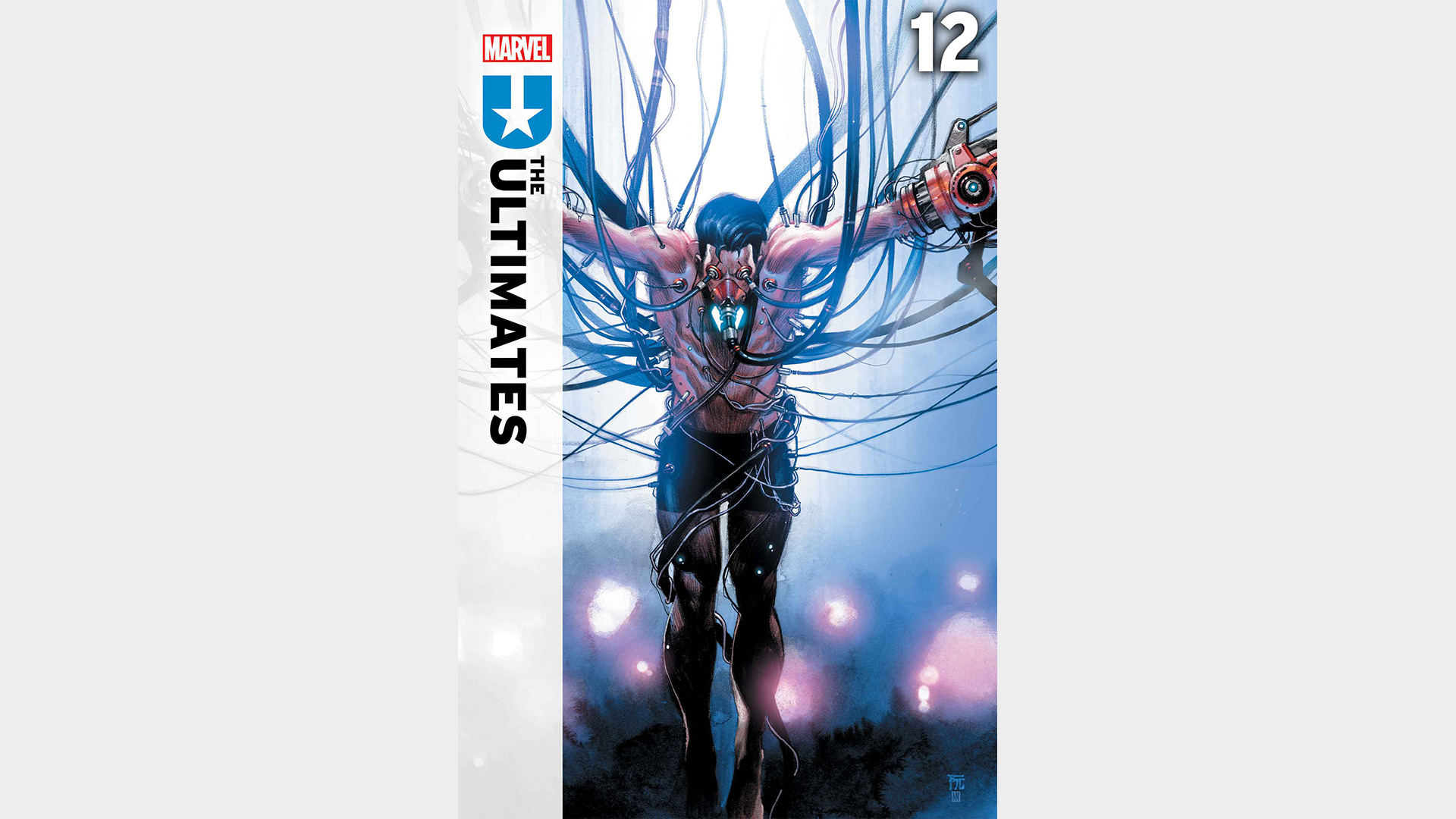 Ultimates #12 cover with Tony Stark hanging from wires