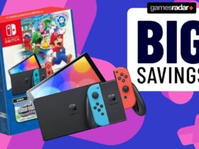 Official image of the box art for the Nintendo Switch OLED Super Mario Bros Wonder bundle, with the OLED Switch sitting in front of it with a blue GamesRadar background.